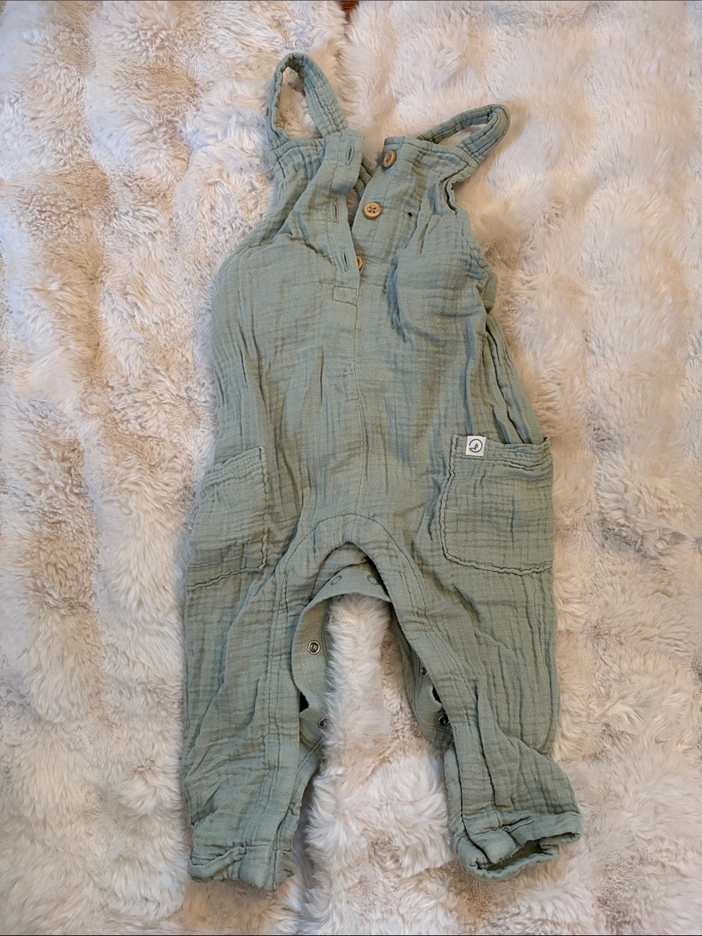 Sage Green Baby Muslin Overalls with Front Pockets